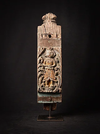 Antique Indian wooden temple panel with standing relief figure, full front view
