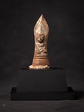 Buddha statue amulet from Burma (Myanmar) on black base, full front view with bhumisparsha mudra