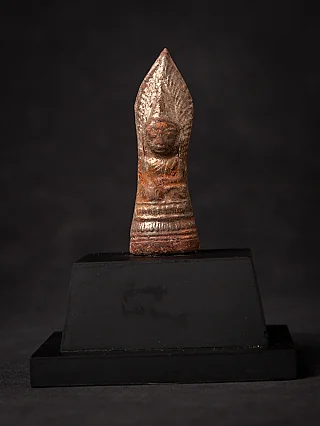 Buddha statue amulet from Burma (Myanmar) in Shan style, full front view on black stand