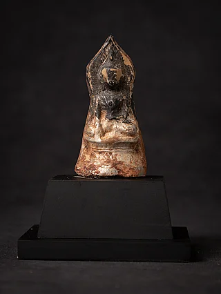Burmese Buddha statue amulet in wood, seated, full-front view with worn surface