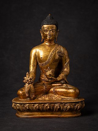 Nepalesische Medizinbuddha-Bronzestatue auf Lotussockel, Frontalansicht