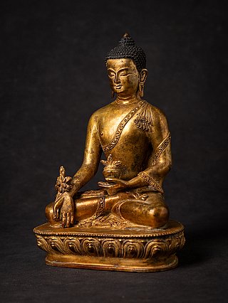 Bronze-Statue des Medizinbuddha aus Nepal, Dreiviertelansicht rechts