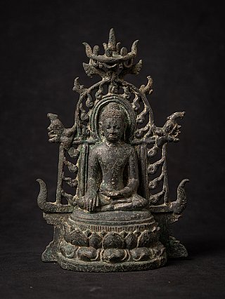 Pyu bronze Buddha statue from Myanmar with openwork halo and lotus base, full front