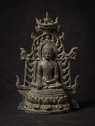 Pyu bronze Buddha statue from Myanmar with openwork halo and lotus base, full front