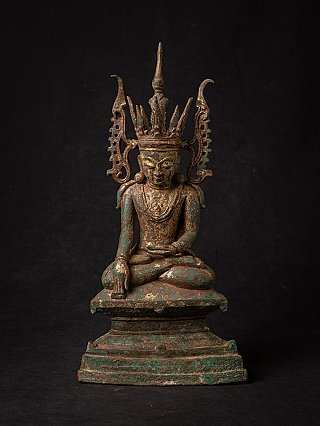 Burmese bronze Buddha statue, seated with tall crown and tiered base, full front view