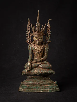 Burmese bronze Buddha statue, seated with tall crown and tiered base, full front view