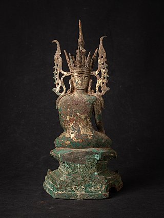Burmese bronze Buddha statue, tall crown and back of torso, rear view