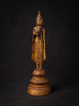 Wooden Thai Buddha statue standing in Abhaya mudra, full front view
