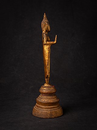 Thai wooden Buddha statue standing with raised hand, right side view