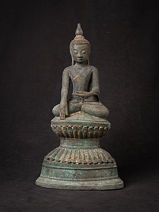 Burmese bronze Buddha statue, full front view, seated on tiered base in bhumisparsha mudra