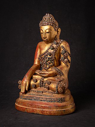 Burmesische Buddha-Statue aus Bronze, Dreiviertelansicht mit eingelegtem Robendekor
