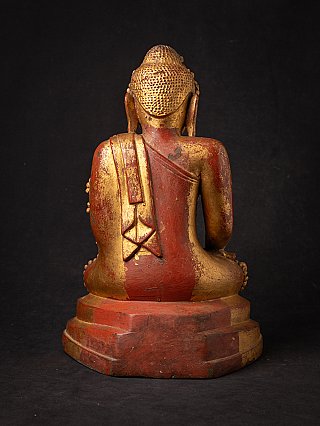 Antike Buddha-Statue aus Bronze aus Burma, Rückansicht mit roter und goldener Fassung