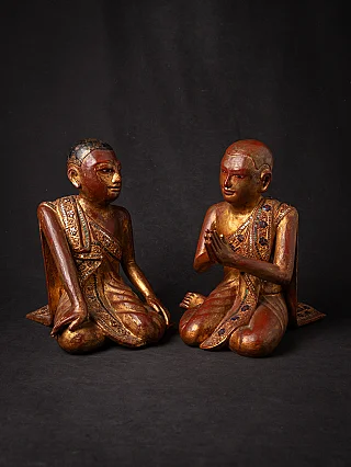 Pair of old wooden Burmese Monk statues