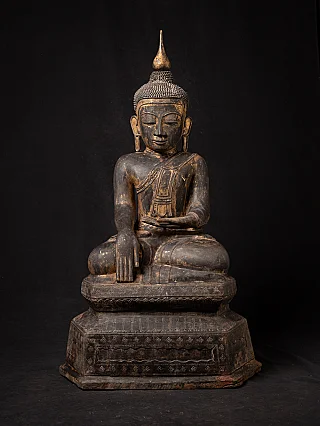 Burmese Buddha statue in lacquerware, seated in bhumisparsha mudra, full-front view