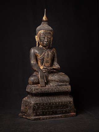 Shan-(Tai-Yai)-Buddha-Statue aus Myanmar, Lackarbeit mit Abrieb, Dreiviertelansicht