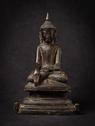 Shan Burmese bronze Buddha statue, full front view seated on tiered base in bhumisparsha mudra
