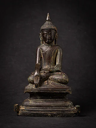Shan Burmese bronze Buddha statue, full front view seated on tiered base in bhumisparsha mudra