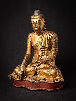 Buddha-Statue aus Burma (Myanmar) in Bronze, Mandalay-Stil, Dreiviertelansicht links