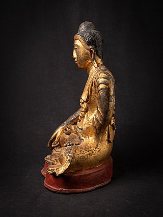 Sitzende Buddha-Statue aus Bronze aus Myanmar, linke Seitenansicht mit Sockel