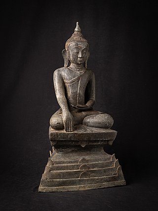 Burmese bronze Buddha statue with earth-touching gesture, angled full view
