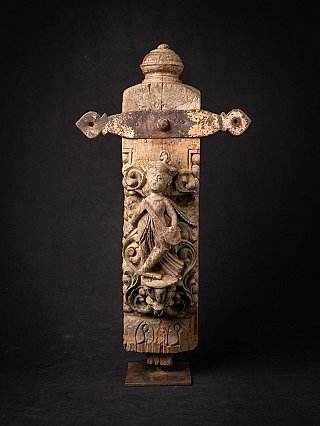 Antique Indian wooden temple fragment with standing relief figure, full front view