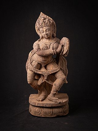 Indian wooden statue of a standing music lady with crown, full front view on round base