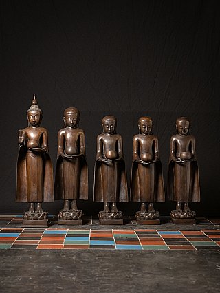 Set of standing bronze monk statues from Burma (Myanmar), full front view on lotus bases
