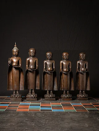 Set of standing bronze monk statues from Burma (Myanmar), full front view on lotus bases