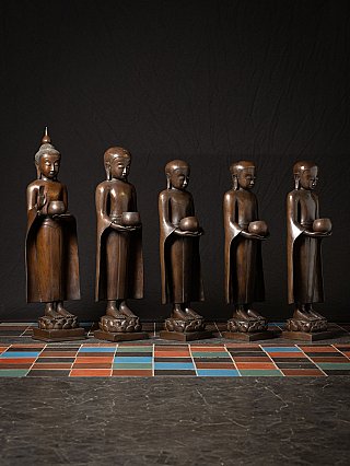 Bronze monk statue set from Burma (Myanmar), angled front view with raised hand and bowl