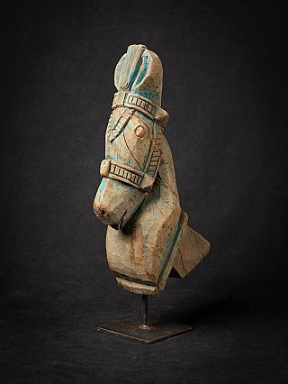 Antique Indian wooden temple fragment horse head, three-quarter left view on stand