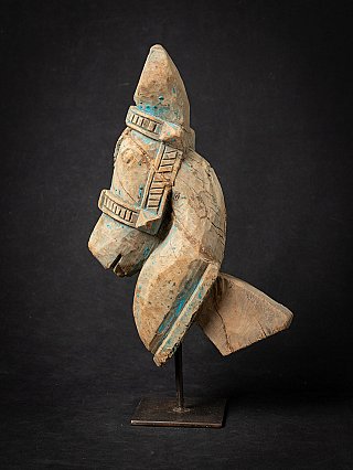 Wooden temple fragment horse head from India, left side profile showing ear and neck