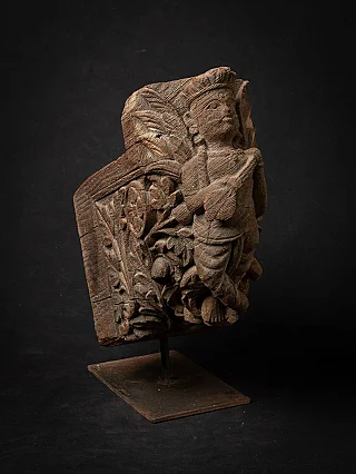 Antique Indian wooden temple fragment with apsara/yakshi figure