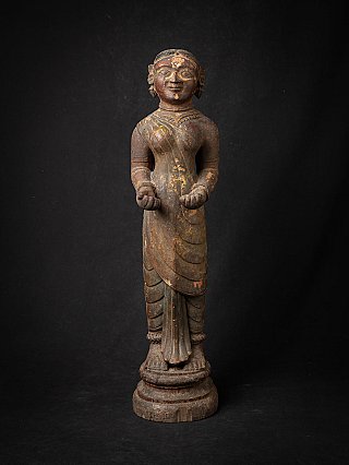 Wooden Indian lady statue, full-front view showing draped garment and round base