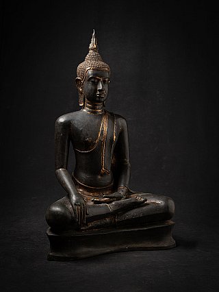 Thai U-Thong Buddha statue in bronze, seated, three-quarter right view