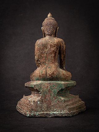 Burmese bronze Buddha statue rear view showing back and verdigris on the base