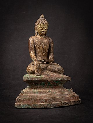 Ava period Burmese bronze Buddha statue seated on pedestal, slightly angled front view