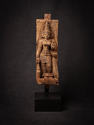 Devi wooden panel statue from India, full front view on a stand