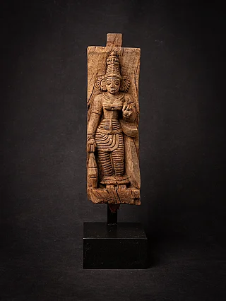 Devi wooden panel statue from India, full front view on a stand