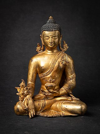 Nepalesische Medizinbuddha-Bronzestatue, sitzend mit Schale in der Hand, frontal