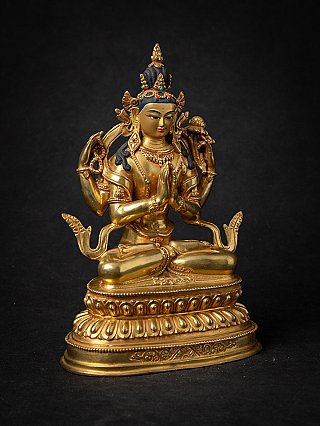 Sitzende Chenrezig-Statue aus Bronze, Dreiviertelansicht mit Krone und Namaskara-Mudra