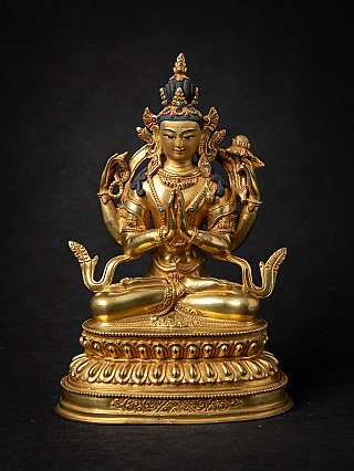 Nepalesische Chenrezig-Statue aus Bronze, sitzend mit Namaskara-Mudra, Frontalansicht auf Lotussockel