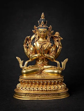 Chenrezig bronze statue from Nepal, seated with namaskara mudra, full-front on lotus base