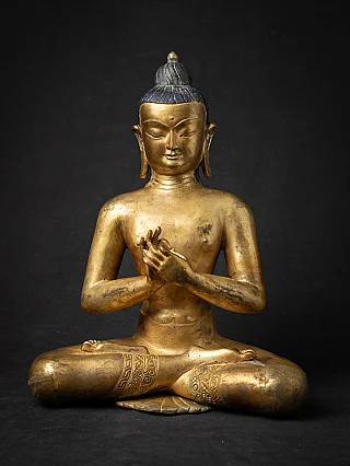 Nepalese bronzen Boeddha in zittende houding met dharmachakra mudra, vooraanzicht