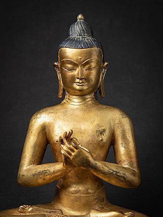 Nepalese Boeddha van brons: borst en dharmachakra mudra in close-up