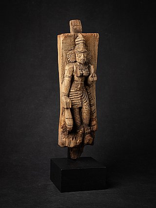 Standing goddess Devi wooden relief panel, slightly angled front view on black base