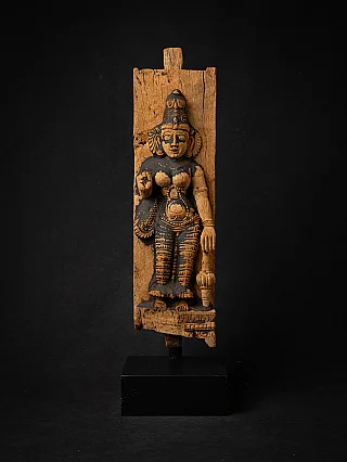 Parvati wooden panel from India, standing relief figure with black pigment traces, full front view