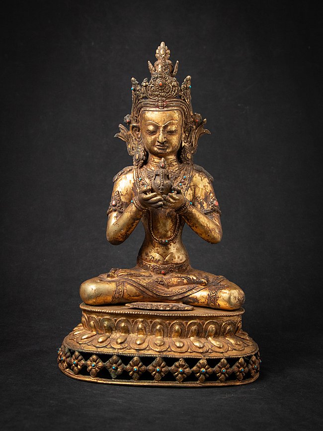 Aparmita Buddha statue in bronze from Nepal, seated on lotus base, full-front view