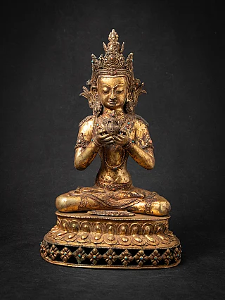 Aparmita Buddha statue in bronze from Nepal, seated on lotus base, full-front view