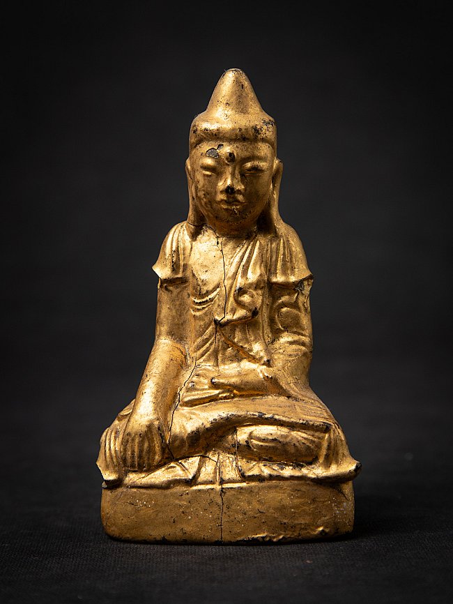 Antiek houten Shan Boeddhabeeld uit Birma, zittend in bhumisparsha mudra, vooraanzicht
