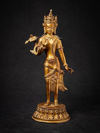 Nepali Lokeshwor bronze statue standing on ornate round base, full front view